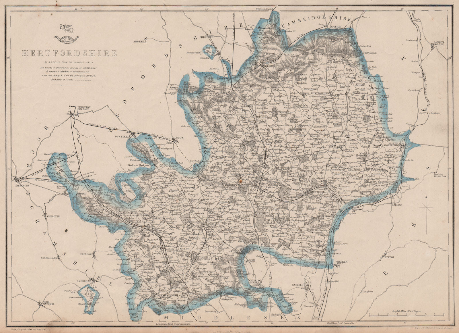HERTFORDSHIRE antique county map. Shows 2 exclaves. Railways.BR DAVIES 1862